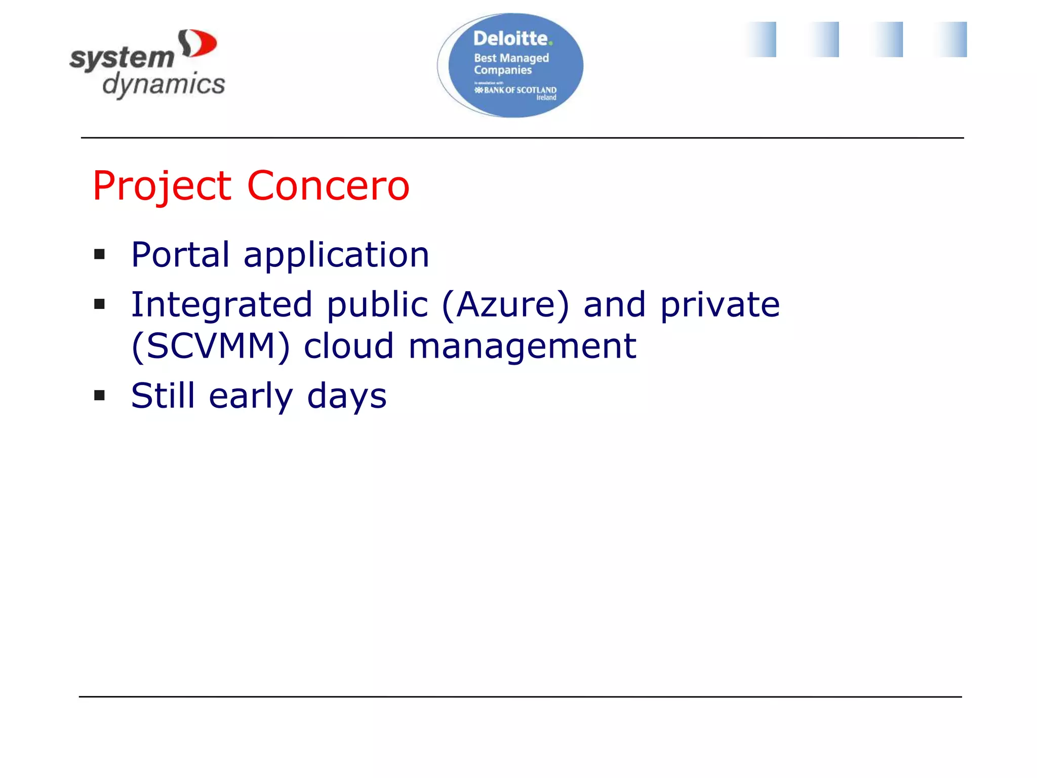 Fabric ManagementHyper-V and cluster lifecycle management – deploy hosts from bare metal and create clustersThird Party Virtualization Platforms - Citrix XenServer and VMware ESX Hosts and ClustersNetwork Management – Manage IP Address Pools, MAC Address Pools and Load BalancersStorage Management (SMI-S) – Classify storage, Manage Storage Pools and LUNs 