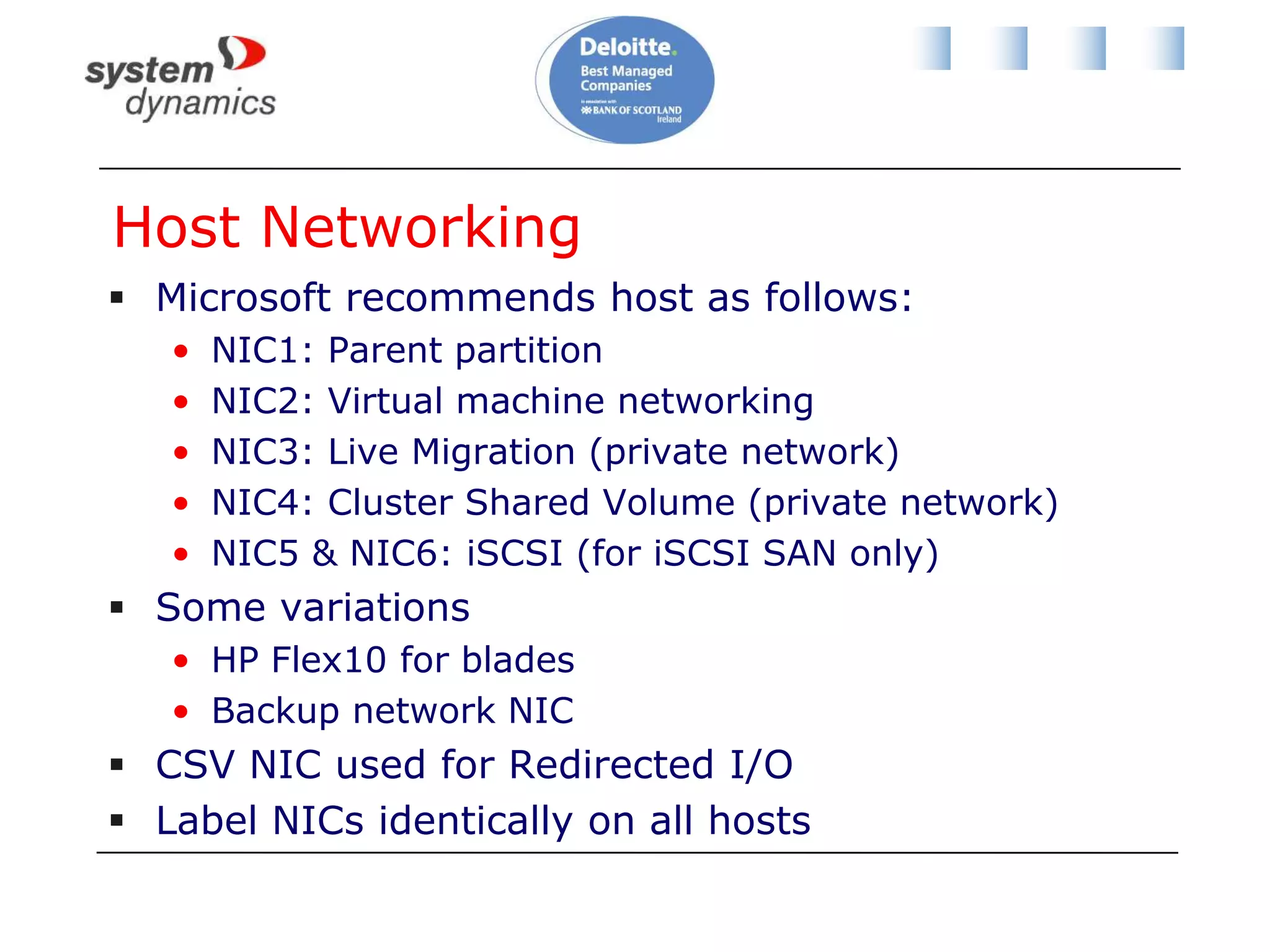 Reminder: Redirected I/OExclusive access required to all files for file system operations, such as VSS snapshot.How is that done?CSV coordinator takes over all files.Other host I/O redirected via CSV Coordinator.Also provides storage path fault tolerance.