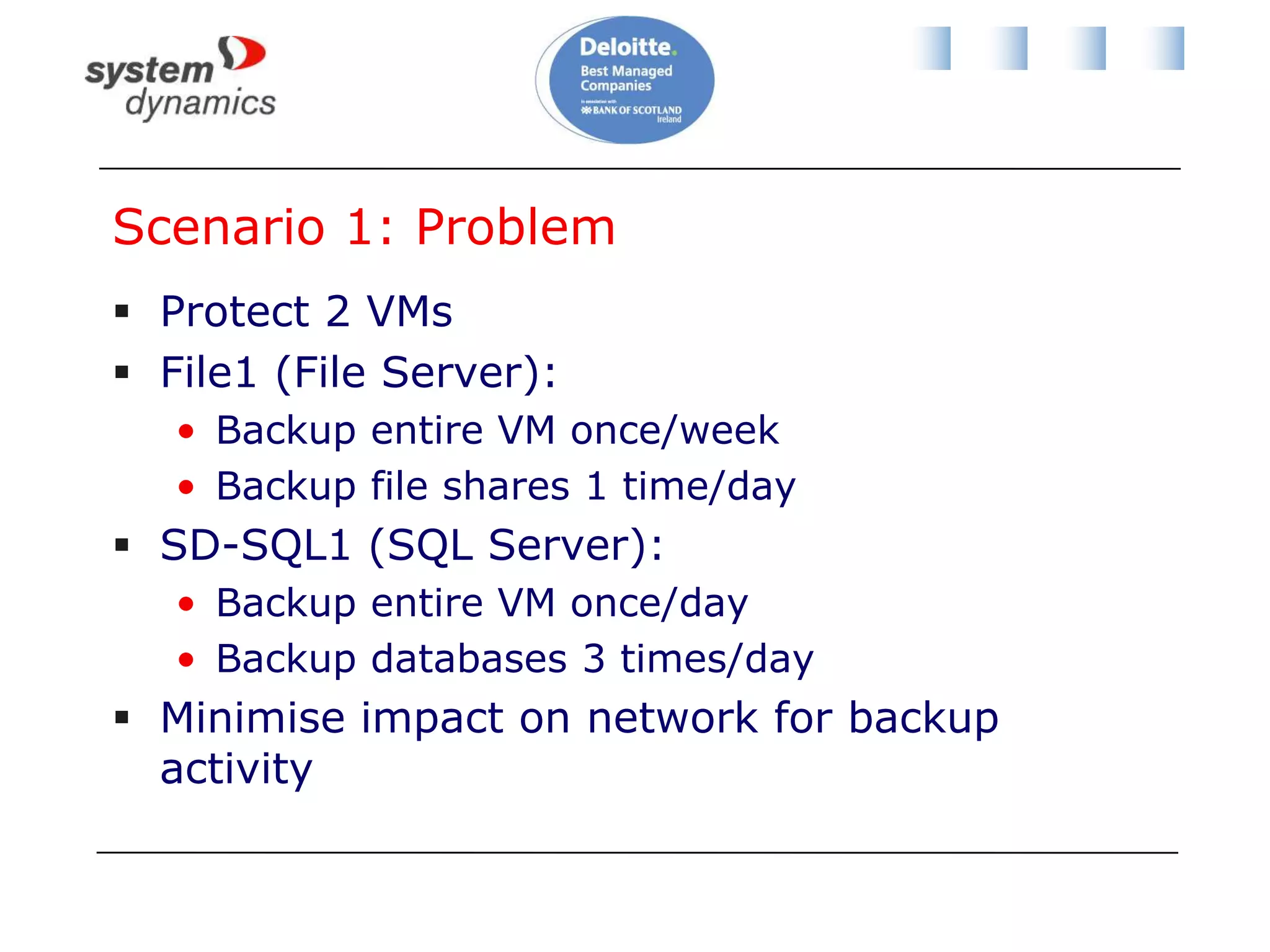 DPM Backup Is A Little DifferentDeploy disk storage/tape libraryDisk shared by many backup policiesDeploy a single all-purpose agent to protected machineCreate a protection group (backup policy)Defines what you backup/when/retention policyAgent synchronises with DPM serverBlock level changes since last backup are replicated, maybe every 15 minutes, via VSSRecovery points are createdMaybe 3 times/day.  You restore from these.