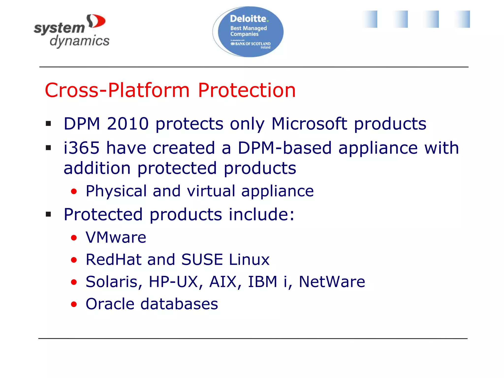 Disaster Recovery SolutionWhat is a virtual machine, really?Just a few filesFiles are easy to backup and replicateDPM 2010 backs up Hyper-V VMsDPM server in Site A can replicate storage pools to other DPM server in Site BScheduling and bandwidth throttlingCan restore VMs to alternative hosts/clusters in Site BAdmin console or by (scheduled) script