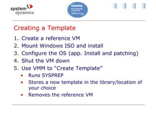 Creating a Template
1. Create a reference VM
2. Mount Windows ISO and install
3. Configure the OS (app. Install and patching)
4. Shut the VM down
5. Use VMM to “Create Template”
• Runs SYSPREP
• Stores a new template in the library/location of
your choice
• Removes the reference VM
 