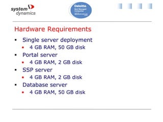 Hardware Requirements
 Single server deployment
• 4 GB RAM, 50 GB disk
 Portal server
• 4 GB RAM, 2 GB disk
 SSP server
• 4 GB RAM, 2 GB disk
 Database server
• 4 GB RAM, 50 GB disk
 