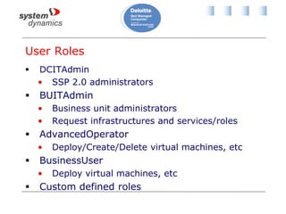 User Roles
 DCITAdmin
• SSP 2.0 administrators
 BUITAdmin
• Business unit administrators
• Request infrastructures and services/roles
 AdvancedOperator
• Deploy/Create/Delete virtual machines, etc
 BusinessUser
• Deploy virtual machines, etc
 Custom defined roles
 