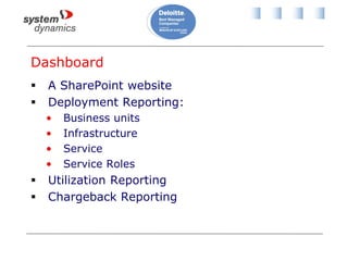 Dashboard
 A SharePoint website
 Deployment Reporting:
• Business units
• Infrastructure
• Service
• Service Roles
 Utilization Reporting
 Chargeback Reporting
 