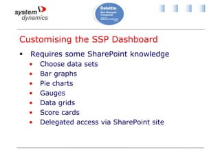 Customising the SSP Dashboard
 Requires some SharePoint knowledge
• Choose data sets
• Bar graphs
• Pie charts
• Gauges
• Data grids
• Score cards
• Delegated access via SharePoint site
 