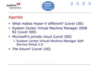 Agenda
 What makes Hyper-V different? (Level 100)
 System Center Virtual Machine Manager 2008
R2 (Level 300)
 Microsoft’s private cloud (Level 300)
• System Center Virtual Machine Manager Self-
Service Portal 2.0
 The future? (Level 100)
 