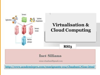 Virtualisation &
Cloud Computing
Iset Siliana
nizar.chaabani@gmail.com
Virtualisation & Cloud Nizar chaabani
1
RSI3
http://www.academiepro.com/enseignants-104-Chaabani.Nizar.html
 
