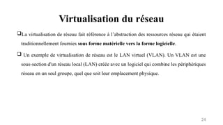 Virtualisation du réseau
24
La virtualisation de réseau fait référence à l’abstraction des ressources réseau qui étaient
traditionnellement fournies sous forme matérielle vers la forme logicielle.
 Un exemple de virtualisation de réseau est le LAN virtuel (VLAN). Un VLAN est une
sous-section d'un réseau local (LAN) créée avec un logiciel qui combine les périphériques
réseau en un seul groupe, quel que soit leur emplacement physique.
 