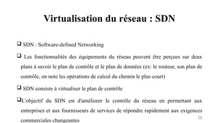 Virtualisation du réseau : SDN
26
 SDN : Software-defined Networking
 Les fonctionnalités des équipements du réseau peuvent être perçues sur deux
plans à savoir le plan de contrôle et le plan de données (ex: le routeur, son plan de
contrôle, on note les opérations de calcul du chemin le plus court)
 SDN consiste à virtualiser le plan de contrôle
L'objectif du SDN est d'améliorer le contrôle du réseau en permettant aux
entreprises et aux fournisseurs de services de répondre rapidement aux exigences
commerciales changeantes
 
