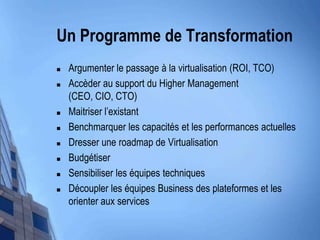 Un Programme de TransformationArgumenter le passage à la virtualisation (ROI, TCO)Accèder au support du Higher Management (CEO, CIO, CTO)Maitriserl’existantBenchmarquer les capacités et les performances actuellesDresser une roadmap de VirtualisationBudgétiserSensibiliser les équipes techniquesDécoupler les équipes Business des plateformes et les orienter aux services