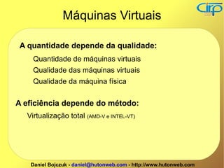A quantidade depende da qualidade: Quantidade de máquinas virtuais Qualidade das máquinas virtuais Qualidade da máquina física Máquinas Virtuais A eficiência depende do método: Virtualização total  (AMD-V e INTEL-VT) 