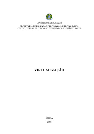 MINISTÉRIO DA EDUCAÇÃO
  SECRETARIA DE EDUCAÇÃO PROFISSIONAL E TECNOLÓGICA
CENTRO FEDERAL DE EDUCAÇÃO TECNOLÓGICA DO ESPÍRITO SANTO




              VIRTUALIZAÇÃO




                        SERRA
                          2008
 