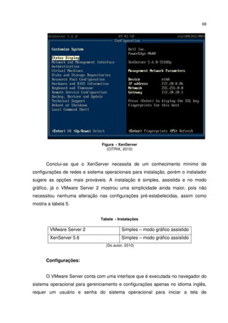 68




                                Figura - XenServer
                                   (CITRIX, 2010)



      Conclui-se que o XenServer necessita de um conhecimento mínimo de
configurações de redes e sistema operacionais para instalação, porém o instalador
sugere as opções mais prováveis. A instalação é simples, assistida e no modo
gráfico, já o VMware Server 2 mostrou uma simplicidade ainda maior, pois não
necessitou nenhuma alteração nas configurações pré-estabelecidas, assim como
mostra a tabela 5.


                               Tabela - Instalações

        VMware Server 2                   Simples – modo gráfico assistido
        XenServer 5.6                     Simples – modo gráfico assistido
                                  (Do autor, 2010)



      Configurações:


      O VMware Server conta com uma interface que é executada no navegador do
sistema operacional para gerenciamento e configurações apenas no idioma inglês,
requer um usuário e senha do sistema operacional para iniciar a tela de
 