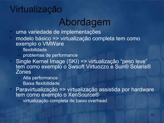 uma variedade de implementações  modelo básico => virtualização completa tem como exemplo o VMWare flexibilidade  problemas de performance Single Kernel Image (SKI) => virtualização “peso leve” tem como exemplo o Swsoft Virtuozzo e Sun® Solaris® Zones  Alta performance Baixa flexibilidade  Paravirtualização => virtualização assistida por hardware tem como exemplo o XenSource®  virtualização completa de baixo overhead  Virtualização Abordagem 