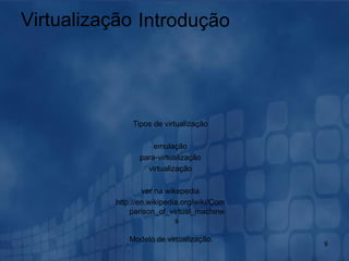 Virtualização Tipos de virtualização emulação para-virtualização virtualização ver na wikepedia http://en.wikipedia.org/wiki/Comparison_of_virtual_machines Modelo de virtualização.   Introdução 