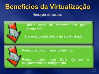 Benefícios da Virtualização Reduz gastos com energia elétrica Reduz gastos com Data Centers e equipamentos de refrigeração Redução de custos:  Reduz custo de hardware em pelo menos 50% Aumenta produtividade do administrador 