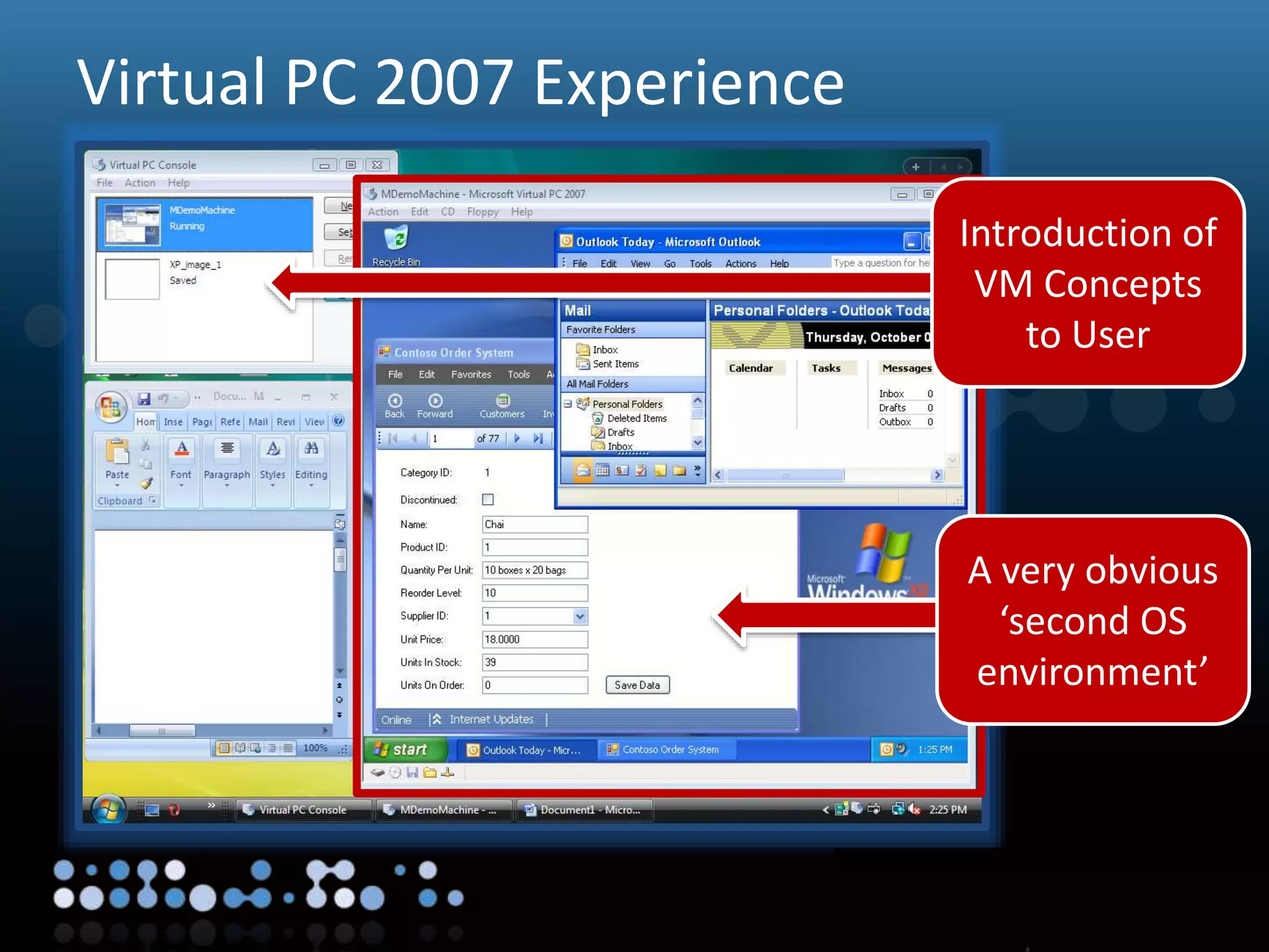 Virtualisation
Virtual PC 2007 Experience
A very obvious
‘second OS
environment’
Introduction of
VM Concepts
to User
 