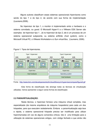 Alguns autores classificam esses sistemas operacionais hipervisores como
sendo do tipo 1 e do tipo 2, de acordo com sua forma de implementação
(Laureano,2008).
No hipervisor de tipo 1, o monitor é implementado entre o hardware e o
sistema convidado, ou guest. O Microsoft Hyper-V e o VMware ESX Server são
exemplos de hipervisor tipo 1 . Já no hipervisor de tipo 2, ele é um processo de um
sistema operacional subjacente, ou sistema anfitrião (host system), como o
Microsoft Virtual PC, o VMware Workstation e o Sun virtual Box, (Laureano, 2008).
Figura 1. Tipos de hipervisores.
Fonte : http://www.ibm.com/developerworks/br/cloud/library/cl-hypervisorcompare/figure2.gif
Esta forma de classificação não abrange todas as técnicas de virtualização
utilizadas. Vamos apresentar a seguir outras formas de classificação:
2.2 PARAVIRTUALIZAÇÃO:
Nesta técnica, o hipervisor fornece uma máquina virtual completa, mas
especializada (da mesma arquitetura da máquina hospedeira) para cada um dos
hóspedes, para que executem isoladamente. Embora a paravirtualização seja leve
e rápida, o sistema operacional hóspede precisa ser modificado para utilizar
hiperchamadas em vez de alguns comandos críticos. Isto é uma limitação para a
utilização de sistemas operacionais antigos, com código fechado e que ainda não
11
 