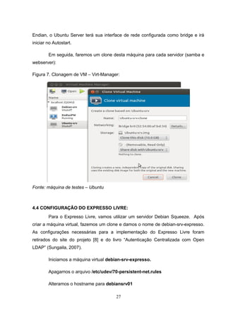 Endian, o Ubuntu Server terá sua interface de rede configurada como bridge e irá
iniciar no Autostart.
Em seguida, faremos um clone desta máquina para cada servidor (samba e
webserver):
Figura 7. Clonagem de VM – Virt-Manager:
Fonte: máquina de testes – Ubuntu
4.4 CONFIGURAÇÃO DO EXPRESSO LIVRE:
Para o Expresso Livre, vamos utilizar um servidor Debian Squeeze. Após
criar a máquina virtual, fazemos um clone e damos o nome de debian-srv-expresso.
As configurações necessárias para a implementação do Expresso Livre foram
retirados do site do projeto [8] e do livro “Autenticação Centralizada com Open
LDAP” (Sungaila, 2007).
Iniciamos a máquina virtual debian-srv-expresso.
Apagamos o arquivo /etc/udev/70-persistent-net.rules
Alteramos o hostname para debiansrv01
27
 