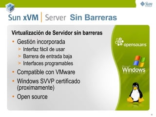 Sin Barreras
Virtualización de Servidor sin barreras
• Gestión incorporada
  > Interfaz fácil de usar
  > Barrera de entrada baja
  > Interfaces programables
• Compatible con VMware
• Windows SVVP certificado
  (proximamente)
• Open source

                                          18
 