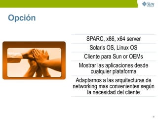 Opción

              SPARC, x86, x64 server
                Solaris OS, Linux OS
             Cliente para Sun or OEMs
           Mostrar las aplicaciones desde
                 cualquier plataforma
          Adaptarnos a las arquitecturas de
         networking mas convenientes según
               la necesidad del cliente


                                          33
 
