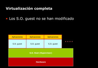 El primer canal temático para el incremento de la productividad
Virtualización completa
• Los S.O. guest no se han modificado
Hardware
S.O. Host (Hypervisor)
S.O. guest S.O. guest S.O. guest
Aplicaciones Aplicaciones Aplicaciones
 