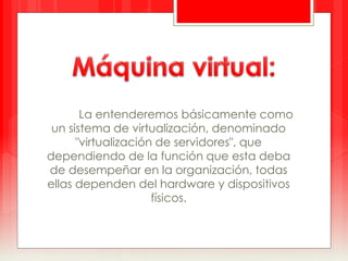 La entenderemos básicamente como 
un sistema de virtualización, denominado 
"virtualización de servidores", que 
dependiendo de la función que esta deba 
de desempeñar en la organización, todas 
ellas dependen del hardware y dispositivos 
físicos. 
 
