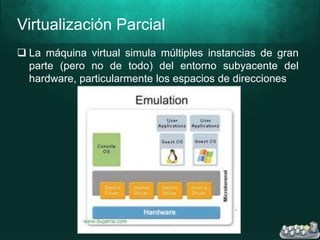 Virtualización Parcial
 La máquina virtual simula múltiples instancias de gran
parte (pero no de todo) del entorno subyacente del
hardware, particularmente los espacios de direcciones
 