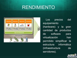 RENDIMIENTO
Los precios del
equipamiento
(hardware) y la gran
cantidad de productos
de software para
virtualización han
permitido simplificar la
estructura informática
(infraestructura de
servidores).
 
