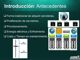 Introducción: Antecedentes
 Forma tradicional de adquirir servidores.
 Proliferación de servidores.
 Provisionamiento.
 Energía eléctrica y Enfriamiento.
 Costo y Tiempo en mantenimiento.
 