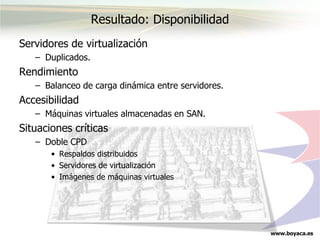 www.boyaca.es
Resultado: Disponibilidad
Servidores de virtualización
– Duplicados.
Rendimiento
– Balanceo de carga dinámica entre servidores.
Accesibilidad
– Máquinas virtuales almacenadas en SAN.
Situaciones críticas
– Doble CPD
• Respaldos distribuidos
• Servidores de virtualización
• Imágenes de máquinas virtuales
 