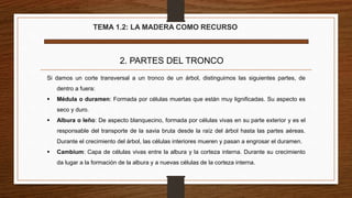 TEMA 1.2: LA MADERA COMO RECURSO
2. PARTES DEL TRONCO
Si damos un corte transversal a un tronco de un árbol, distinguimos las siguientes partes, de
dentro a fuera:
 Médula o duramen: Formada por células muertas que están muy lignificadas. Su aspecto es
seco y duro.
 Albura o leño: De aspecto blanquecino, formada por células vivas en su parte exterior y es el
responsable del transporte de la savia bruta desde la raíz del árbol hasta las partes aéreas.
Durante el crecimiento del árbol, las células interiores mueren y pasan a engrosar el duramen.
 Cambium: Capa de células vivas entre la albura y la corteza interna. Durante su crecimiento
da lugar a la formación de la albura y a nuevas células de la corteza interna.
 