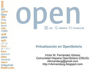 USE    IMPROVE   EVANGELIZE




Virtualización en OpenSolaris

     Víctor M. Fernández Gómez
Comunidad Hispana OpenSolaris (OSUG)
       vfernandezg@gmail.com
   http://vfernandezg.blogspot.com
 