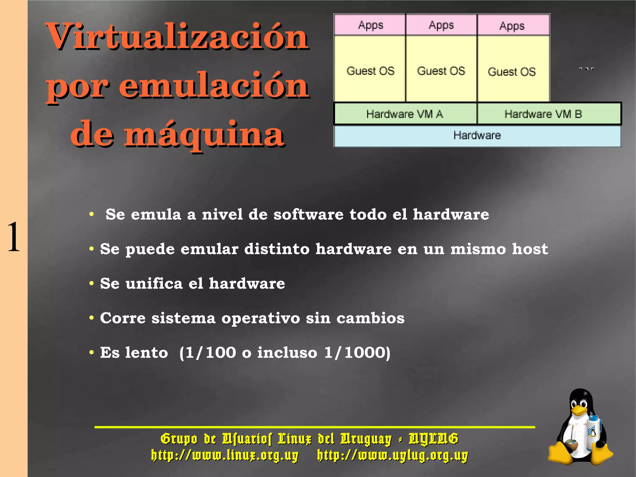 Grupo de Usuarios Linux del Uruguay - UYLUGGrupo de Usuarios Linux del Uruguay - UYLUG
http://www.linux.org.uyhttp://www.linux.org.uy http://www.uylug.org.uyhttp://www.uylug.org.uy
1111
VirtualizaciónVirtualización
por emulaciónpor emulación
de máquinade máquina
● Se emula a nivel de software todo el hardware
● Se puede emular distinto hardware en un mismo host
● Se unifica el hardware
● Corre sistema operativo sin cambios
● Es lento (1/100 o incluso 1/1000)
1
 