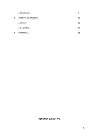 2.3 Justificación 9
3. OBJETIVOS DEL PROYECTO 10
2.1 General 10
2.2 Específicos 10
4. REFERENCIAS 11
RESUMEN EJECUTIVO
6
 