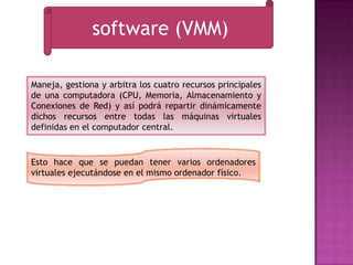 software (VMM)

Maneja, gestiona y arbitra los cuatro recursos principales
de una computadora (CPU, Memoria, Almacenamiento y
Conexiones de Red) y así podrá repartir dinámicamente
dichos recursos entre todas las máquinas virtuales
definidas en el computador central.


Esto hace que se puedan tener varios ordenadores
virtuales ejecutándose en el mismo ordenador físico.
 