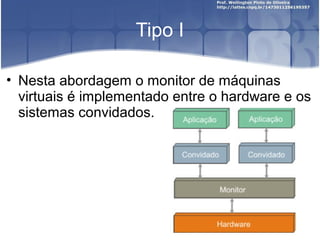 Tipo I

• Nesta abordagem o monitor de máquinas
  virtuais é implementado entre o hardware e os
  sistemas convidados.
 