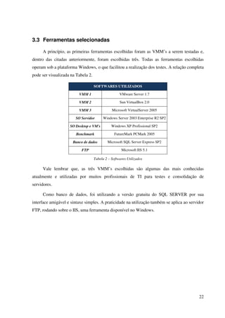 3.3 Ferramentas selecionadas

     A princípio, as primeiras ferramentas escolhidas foram as VMM’s a serem testadas e,
dentro das citadas anteriormente, foram escolhidas três. Todas as ferramentas escolhidas
operam sob a plataforma Windows, o que facilitou a realização dos testes. A relação completa
pode ser visualizada na Tabela 2.

                                    SOFTWARES UTILIZADOS

                         VMM 1                      VMware Server 1.7

                         VMM 2                      Sun VirtualBox 2.0

                         VMM 3                 Microsoft VirtualServer 2005

                       SO Servidor        Windows Server 2003 Enterprise R2 SP2

                    SO Desktop e VM's          Windows XP Profissional SP2

                        Benchmark                FutureMark PCMark 2005

                      Banco de dados        Microsoft SQL Server Express SP2

                           FTP                       Microsoft IIS 5.1

                                    Tabela 2 – Softwares Utilizados

     Vale lembrar que, as três VMM’s escolhidas são algumas das mais conhecidas
atualmente e utilizadas por muitos profissionais de TI para testes e consolidação de
servidores.

     Como banco de dados, foi utilizando a versão gratuita do SQL SERVER por sua
interface amigável e sintaxe simples. A praticidade na utilização também se aplica ao servidor
FTP, rodando sobre o IIS, uma ferramenta disponível no Windows.




                                                                                           22
 