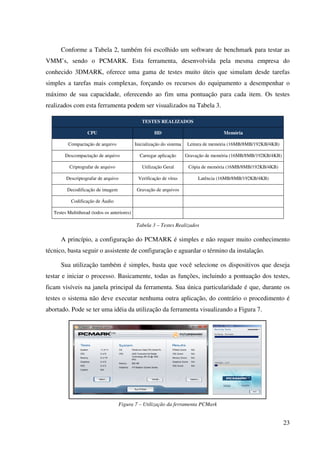 Conforme a Tabela 2, também foi escolhido um software de benchmark para testar as
VMM’s, sendo o PCMARK. Esta ferramenta, desenvolvida pela mesma empresa do
conhecido 3DMARK, oferece uma gama de testes muito úteis que simulam desde tarefas
simples a tarefas mais complexas, forçando os recursos do equipamento a desempenhar o
máximo de sua capacidade, oferecendo ao fim uma pontuação para cada item. Os testes
realizados com esta ferramenta podem ser visualizados na Tabela 3.

                                                 TESTES REALIZADOS

                    CPU                                 HD                               Memória

          Compactação de arquivo              Inicialização do sistema   Leitura de memória (16MB/8MB/192KB/4KB)

        Descompactação de arquivo               Carregar aplicação       Gravação de memória (16MB/8MB/192KB/4KB)

           Criptografar de arquivo               Utilização Geral         Cópia de memória (16MB/8MB/192KB/4KB)

         Descriptografar de arquivo            Verificação de vírus           Latência (16MB/8MB/192KB/4KB)

         Decodificação de imagem               Gravação de arquivos

           Codificação de Áudio

   Testes Multithread (todos os anteriores)

                                              Tabela 3 – Testes Realizados

      A princípio, a configuração do PCMARK é simples e não requer muito conhecimento
técnico, basta seguir o assistente de configuração e aguardar o término da instalação.

      Sua utilização também é simples, basta que você selecione os dispositivos que deseja
testar e iniciar o processo. Basicamente, todas as funções, incluindo a pontuação dos testes,
ficam visíveis na janela principal da ferramenta. Sua única particularidade é que, durante os
testes o sistema não deve executar nenhuma outra aplicação, do contrário o procedimento é
abortado. Pode se ter uma idéia da utilização da ferramenta visualizando a Figura 7.




                                      Figura 7 – Utilização da ferramenta PCMark


                                                                                                                    23
 