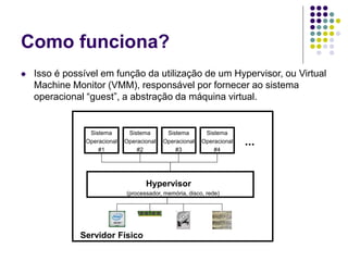 Como funciona?
 Isso é possível em função da utilização de um Hypervisor, ou Virtual
Machine Monitor (VMM), responsável por fornecer ao sistema
operacional “guest”, a abstração da máquina virtual.
Sistema
Operacional
#1
Sistema
Operacional
#2
Sistema
Operacional
#3
Sistema
Operacional
#4
...
Servidor Físico
Hypervisor
(processador, memória, disco, rede)
 