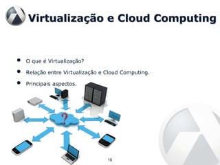 Virtualização e Cloud Computing


•   O que é Virtualização?

•   Relação entre Virtualização e Cloud Computing.

•   Principais aspectos.




                 ?

                                  10
 