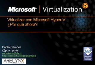 Virtualizar con Microsoft Hyper-V ¿Por qué ahora? Pablo Campos @pcamposspacampos@alx.cl http://geeks.ms/blogs/pcampos 