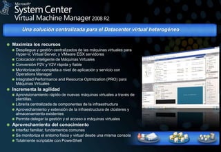 VMVMVMVMVMVMVMVMVMVMVMVMVMVMVMVMVMVMVMVMVMVMVMVMUna solución centralizada para el Datacenter virtual heterogéneoMaximiza los recursosDespliegue y gestión centralizados de las máquinas virtuales para Hyper-V, Virtual Server, y VMware ESX servidoresColocación inteligente de Máquinas VirtualesConversión P2V y V2V rápida y fiableMonitorización completa a nivel de aplicación y servicio con Operations ManagerIntegrated Performance and ResourceOptmization (PRO) para Máquinas VirtualesIncrementa la agilidadAprovisionamiento rápido de nuevas máquinas virtuales a través de plantillas.Librería centralizada de componentes de la infraestructuraAprovechamiento y extensión de la infraestructura de clústeres y almacenamiento existentesPermite delegar la gestión y el acceso a máquinas virtualesAprovechamiento del conocimientoInterfaz familiar, fundamentos comunesSe monitoriza el entorno físico y virtual desde una misma consolaTotalmente scriptable con PowerShell