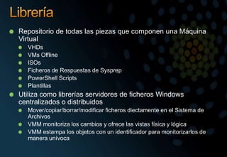 LibreríaRepositorio de todas las piezas que componen una Máquina VirtualVHDsVMs OfflineISOsFicheros de Respuestas de SysprepPowerShell ScriptsPlantillasUtiliza como librerías servidores de ficheros Windows centralizados o distribuidosMover/copiar/borrar/modificar ficheros diectamente en el Sistema de ArchivosVMM monitoriza los cambios y ofrece las vistas física y lógicaVMM estampa los objetos con un identificador para monitorizarlos de manera unívoca
