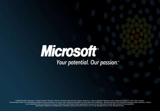 © 2009 Microsoft Corporation. All rights reserved. Microsoft, Windows, Windows Vista and other product names are or may be registered trademarks and/or trademarks in the U.S. and/or other countries.The information herein is for informational purposes only and represents the current view of Microsoft Corporation as of the date of this presentation.  Because Microsoft must respond to changing market conditions, it should not be interpreted to be a commitment on the part of Microsoft, and Microsoft cannot guarantee the accuracy of any information provided after the date of this presentation.  MICROSOFT MAKES NO WARRANTIES, EXPRESS, IMPLIED OR STATUTORY, AS TO THE INFORMATION IN THIS PRESENTATION.