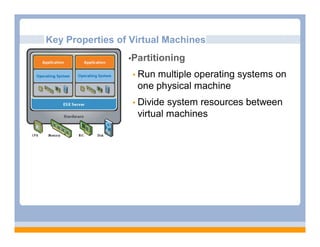 Key Properties of Virtual Machines
                 •Partitioning

                   Runmultiple operating systems on
                   one physical machine
                   Divide system resources between
                   virtual machines
 