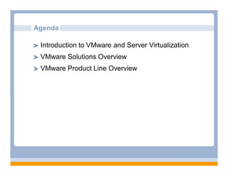 Agenda

 Introduction to VMware and Server Virtualization
 VMware Solutions Overview
 VMware Product Line Overview
 