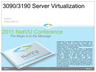 The Magic Is in the Message 4/8/2011 NetVU 1 3090/3190 Server Virtualization Author: Presented by: 2011 NetVU Conference Copyright 2011 by Network of Vertafore Users (NetVU) 909 Lake Carolyn Parkway, Suite 1750, Irving, Texas 75039. Any reproduction in whole or in part, transmission, or distribution of this material without the expressed written consent of the Network of Vertafore Users, Inc. is strictly prohibited. Protection claimed in all forms and matters of copyrightable material and information now allowed by law or hereafter granted including both electronic and conventional distribution of herein products.  Reproduction or transmission unless authorized by NetVU is prohibited. All rights reserved. Specific product information pertaining to Vertafore Systems, as well as other products copyrighted and mentioned within (ex: Microsoft, Excel, etc.), are the product of the individual company and no endorsement of or ownership of product should be implied by its mention and use.  All workflows are suggested and common workflows. Users of this material understand and agree that NetVU cannot be held liable for the use thereof and any omissions or errors within the guide. 