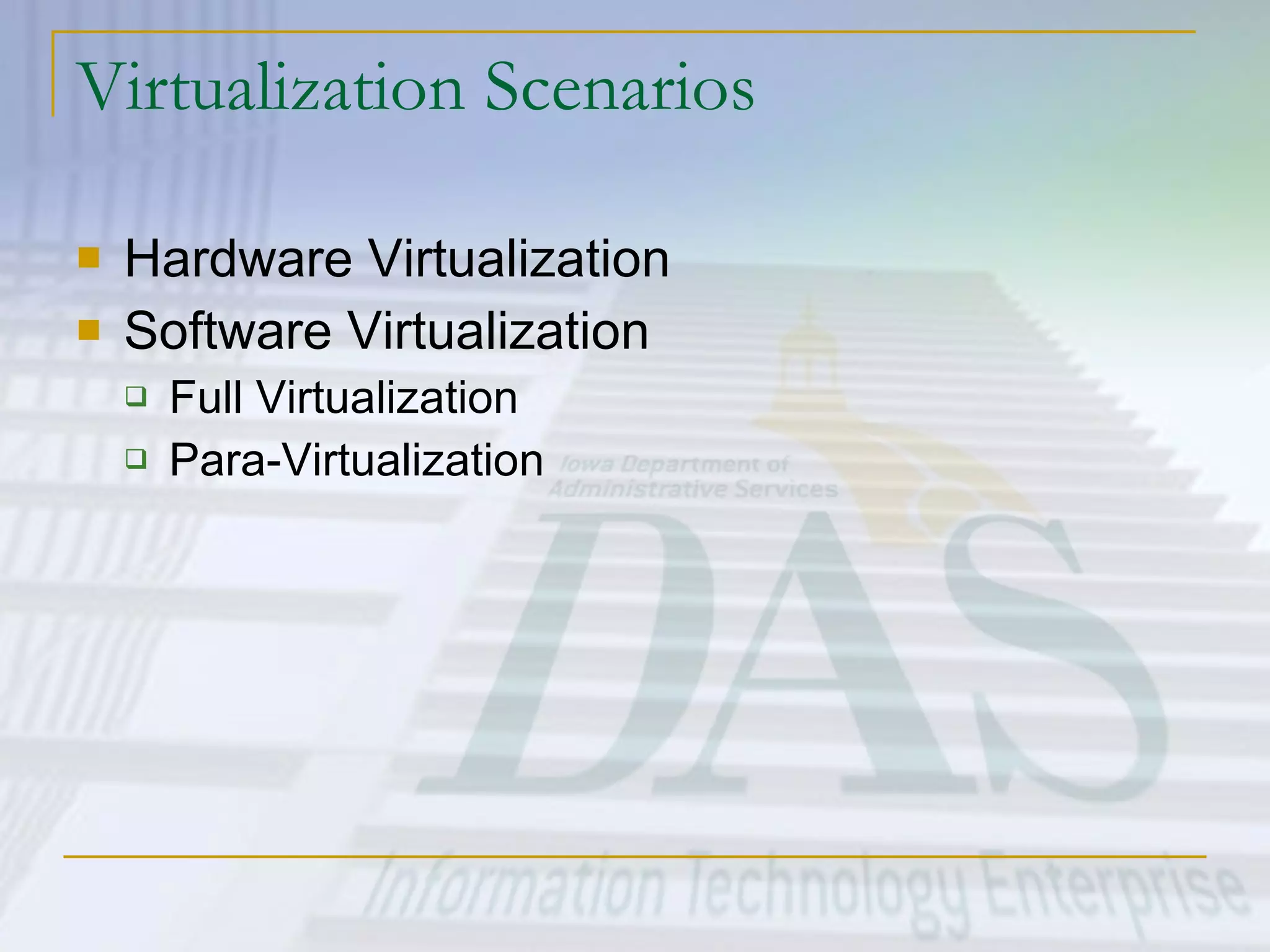 Virtualization Scenarios Hardware Virtualization Software Virtualization Full Virtualization Para-Virtualization 