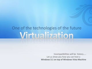 Incompatibilities will be history…..
    Let us show you how you can host a
Windows 3.1 on top of Windows Vista Machine
 